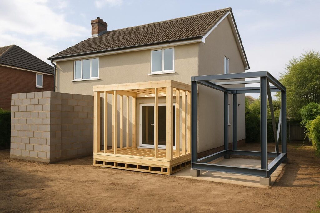 Extension de maison en 2026 : combien prévoir selon le parpaing, le bois ou l’acier ?